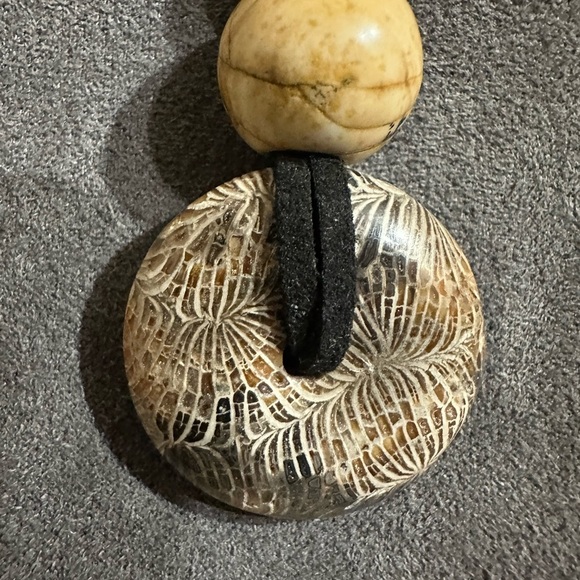 Coral Fossil Donut Pendant Necklace on Black Faux Leather Double Rope - Picture 13 of 14